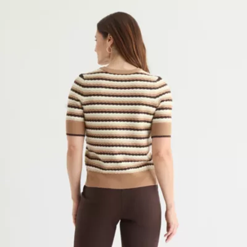 Liz Claiborne Womens Crew Neck Elbow Sleeve Pullover Sweater