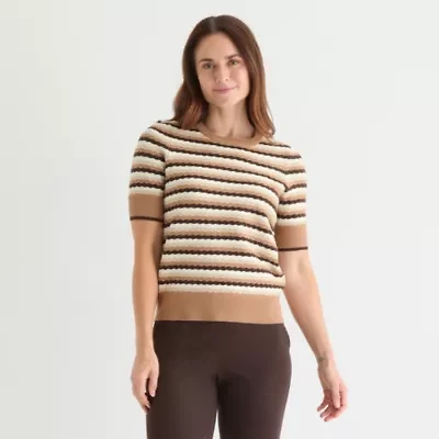 Liz Claiborne Womens Crew Neck Elbow Sleeve Pullover Sweater