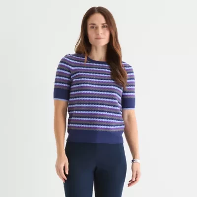 Liz Claiborne Womens Crew Neck Elbow Sleeve Pullover Sweater