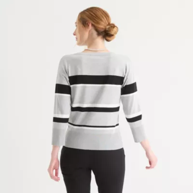 Liz Claiborne Womens Crew Neck 3/4 Sleeve Striped Pullover Sweater