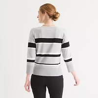 Liz Claiborne Womens Crew Neck 3/4 Sleeve Striped Pullover Sweater