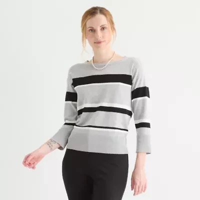 Liz Claiborne Womens Crew Neck 3/4 Sleeve Striped Pullover Sweater