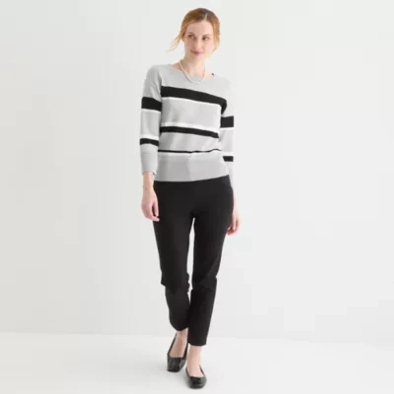 Liz Claiborne Womens Crew Neck 3/4 Sleeve Striped Pullover Sweater
