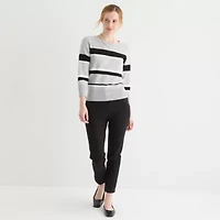 Liz Claiborne Womens Crew Neck 3/4 Sleeve Striped Pullover Sweater