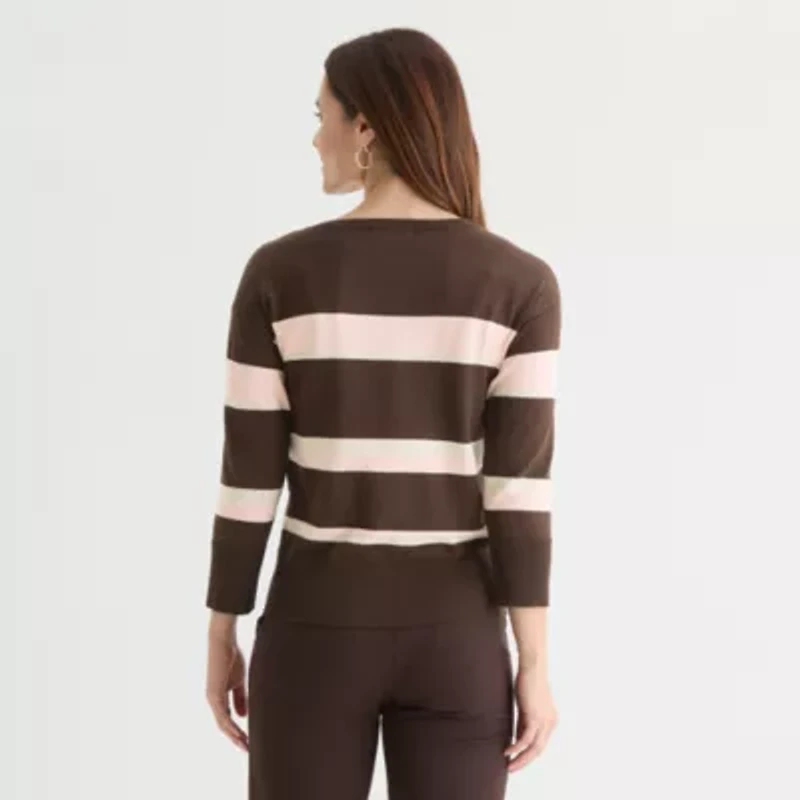 Liz Claiborne Womens Crew Neck 3/4 Sleeve Striped Pullover Sweater