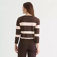 Liz Claiborne Womens Crew Neck 3/4 Sleeve Striped Pullover Sweater