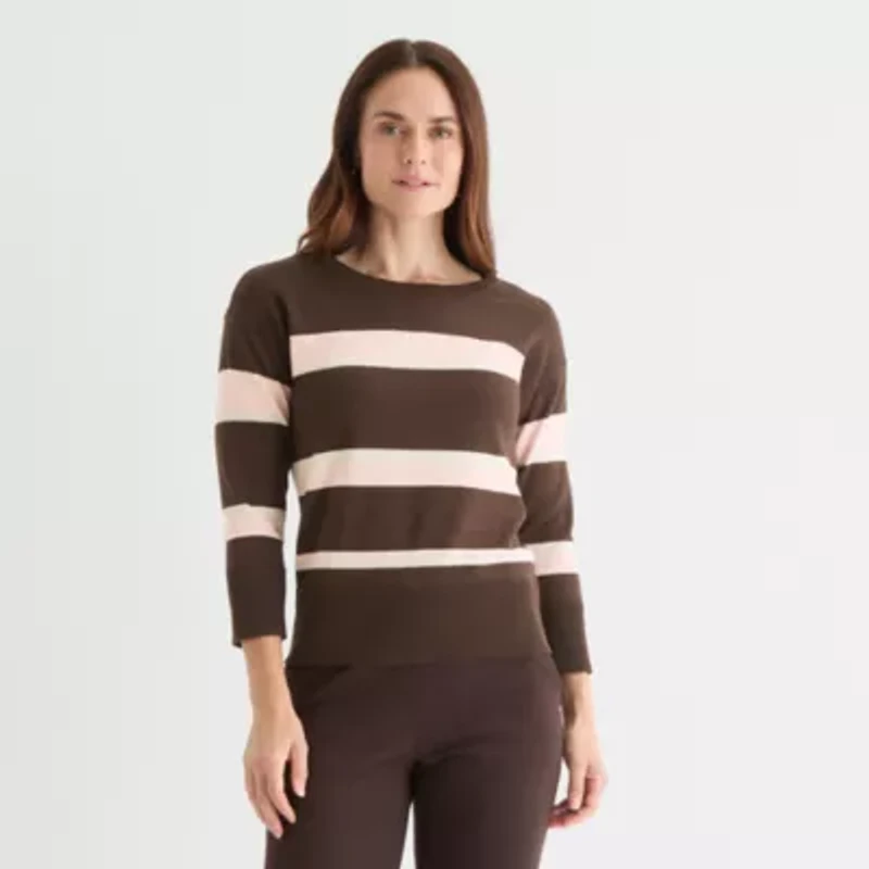 Liz Claiborne Womens Crew Neck 3/4 Sleeve Striped Pullover Sweater