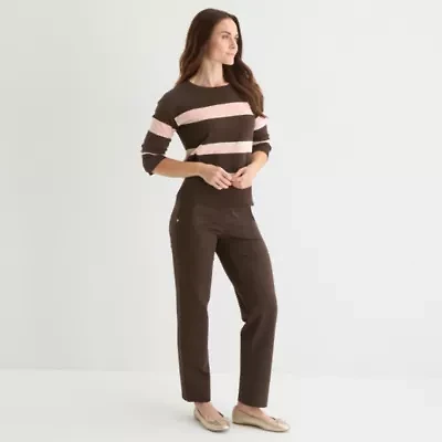 Liz Claiborne Womens Crew Neck 3/4 Sleeve Striped Pullover Sweater