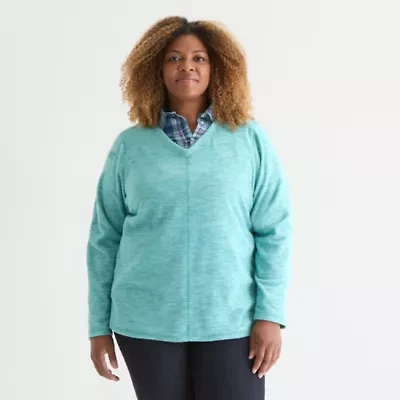 St. John's Bay Womens Polar Fleece V Neck Long Sleeve Plus Sweatshirt