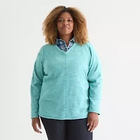 St. John's Bay Womens Polar Fleece V Neck Long Sleeve Plus Sweatshirt