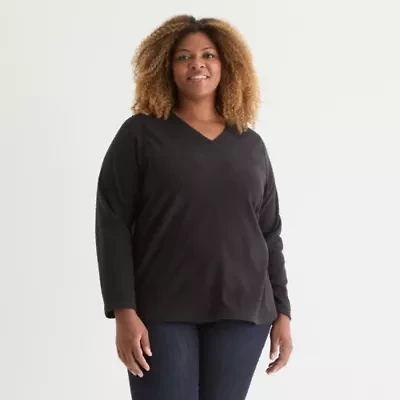 St. John's Bay Womens Polar Fleece V Neck Long Sleeve Plus Sweatshirt