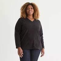 St. John's Bay Womens Polar Fleece V Neck Long Sleeve Plus Sweatshirt