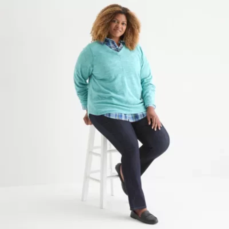 St. John's Bay Womens Polar Fleece V Neck Long Sleeve Plus Sweatshirt