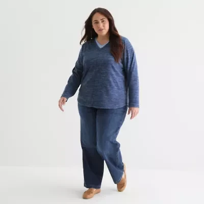 St. John's Bay Womens Polar Fleece V Neck Long Sleeve Plus Sweatshirt