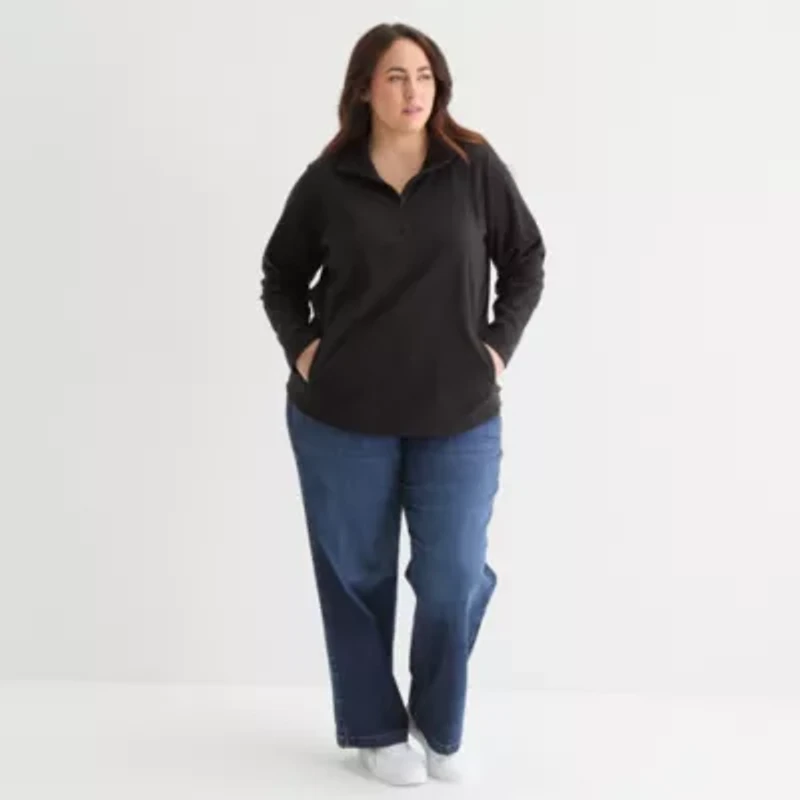 St. John's Bay Womens 1/4 Zip Polar Fleece Long Sleeve Plus Sweatshirt