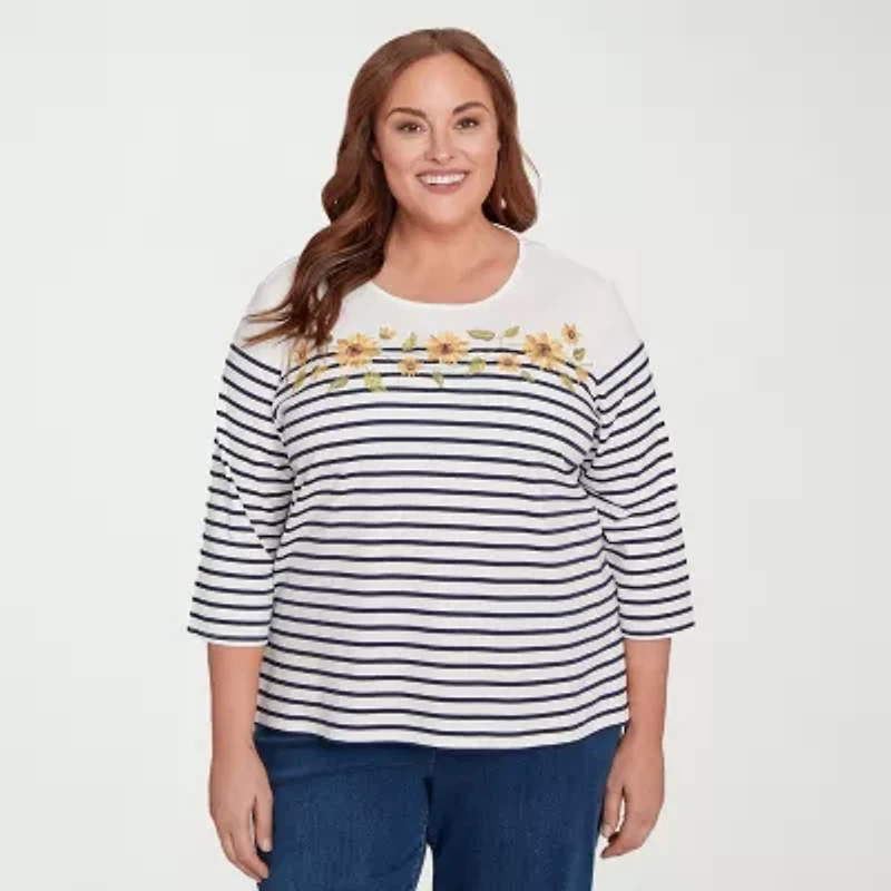Alfred Dunner Classics Womens Plus Crew Neck 3/4 Sleeve T-Shirt