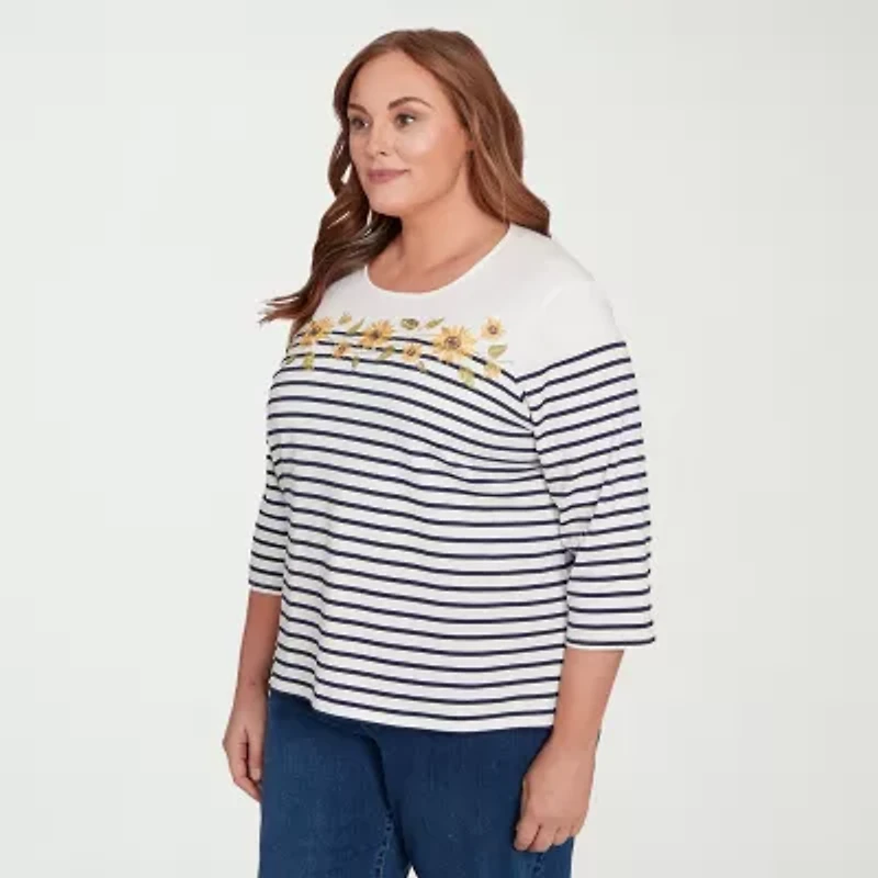 Alfred Dunner Classics Womens Plus Crew Neck 3/4 Sleeve T-Shirt