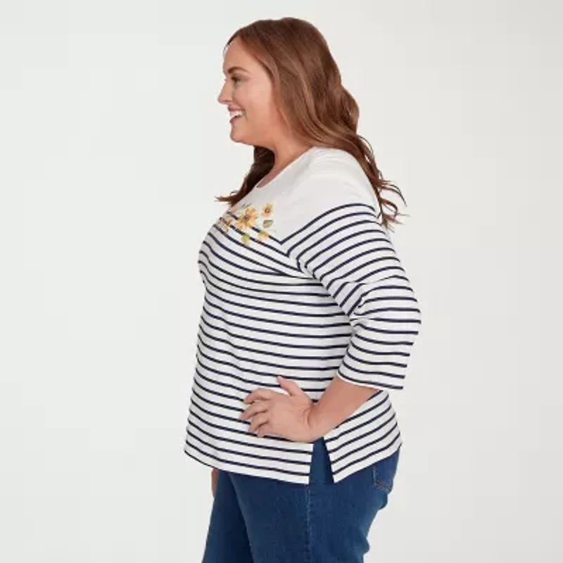 Alfred Dunner Classics Womens Plus Crew Neck 3/4 Sleeve T-Shirt