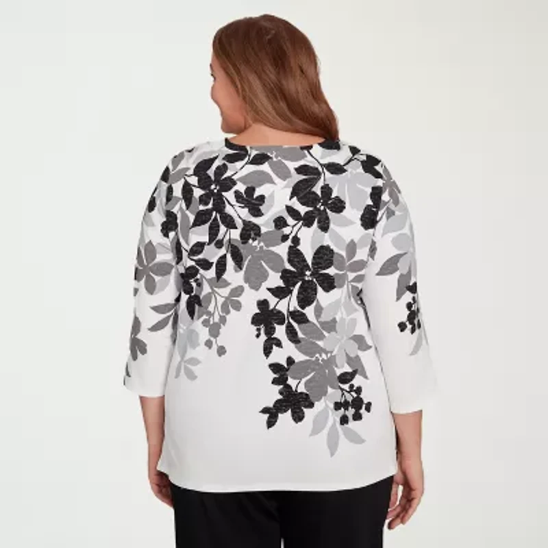 Alfred Dunner Classics Womens Crew Neck 3/4 Sleeve Plus T-Shirt