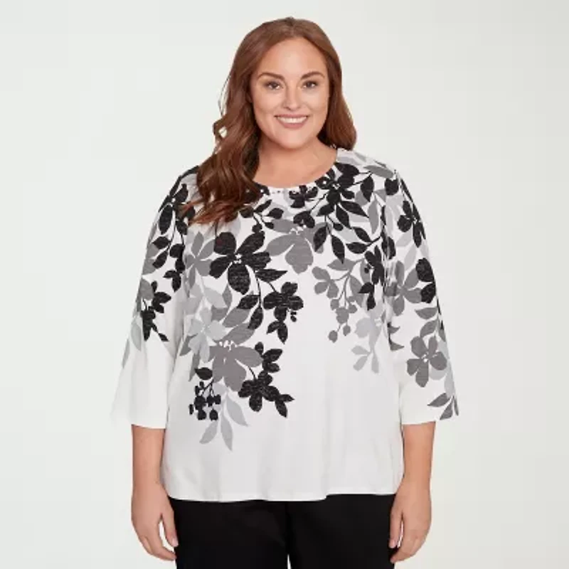 Alfred Dunner Classics Womens Crew Neck 3/4 Sleeve Plus T-Shirt