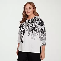 Alfred Dunner Classics Womens Crew Neck 3/4 Sleeve Plus T-Shirt