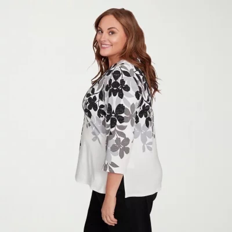 Alfred Dunner Classics Womens Crew Neck 3/4 Sleeve Plus T-Shirt