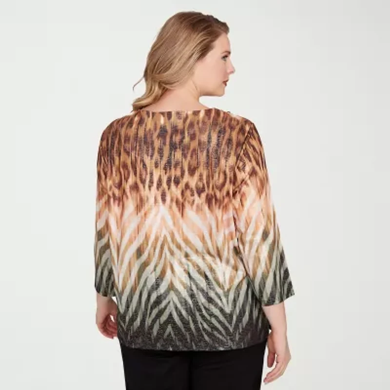 Alfred Dunner Classics Womens Crew Neck 3/4 Sleeve Plus T-Shirt
