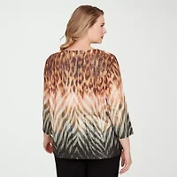 Alfred Dunner Classics Womens Crew Neck 3/4 Sleeve Plus T-Shirt