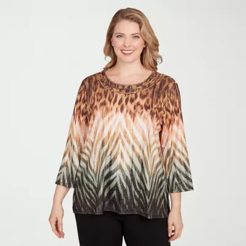 Alfred Dunner Classics Womens Crew Neck 3/4 Sleeve Plus T-Shirt