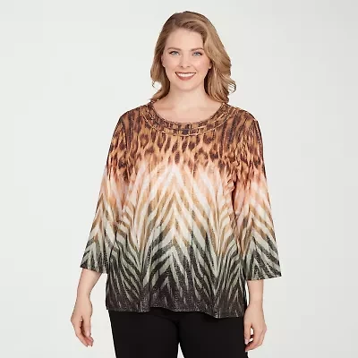 Alfred Dunner Classics Womens Plus Crew Neck 3/4 Sleeve T-Shirt