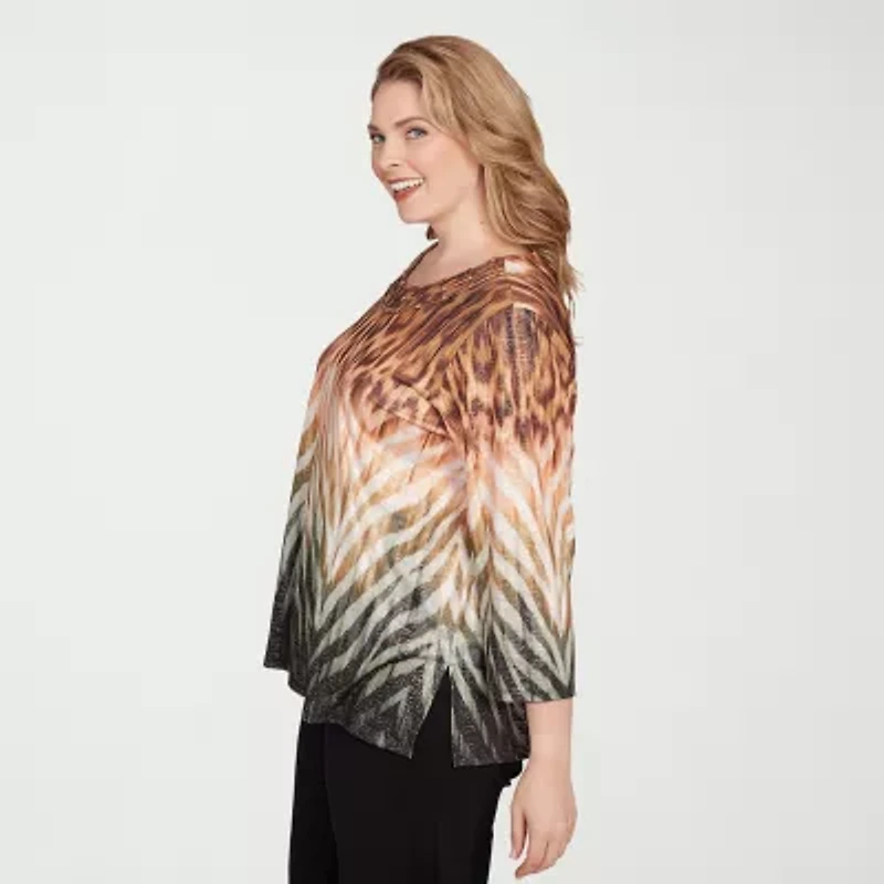Alfred Dunner Classics Womens Crew Neck 3/4 Sleeve Plus T-Shirt