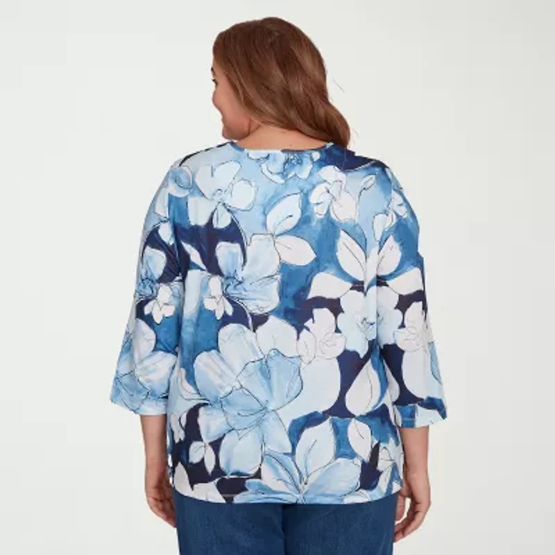 Alfred Dunner Classics Womens Plus Crew Neck 3/4 Sleeve T-Shirt