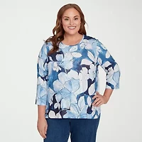 Alfred Dunner Classics Womens Plus Crew Neck 3/4 Sleeve T-Shirt
