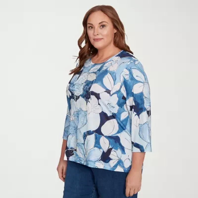 Alfred Dunner Classics Womens Plus Crew Neck 3/4 Sleeve T-Shirt