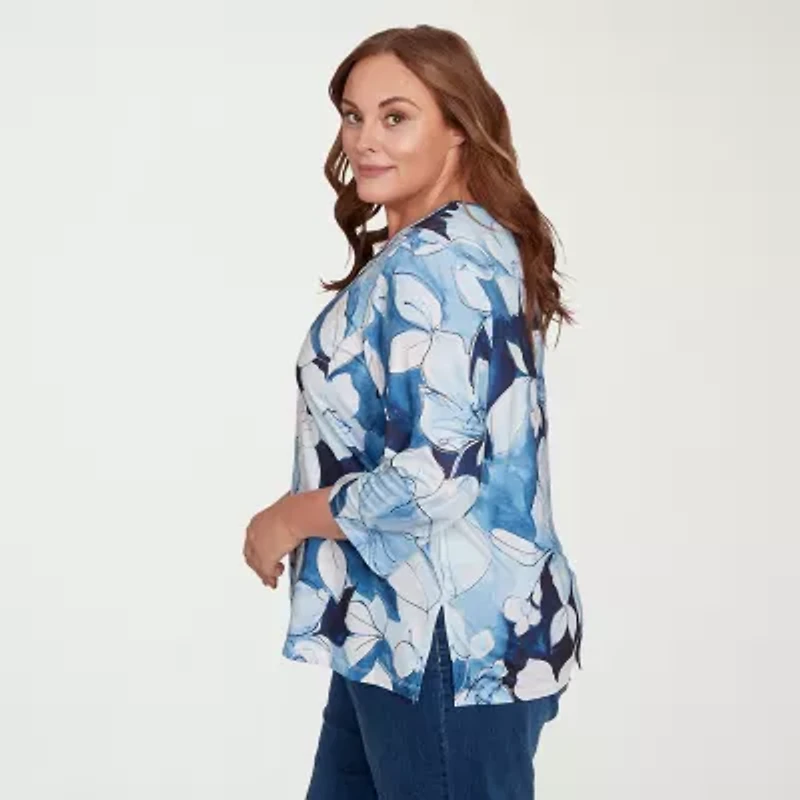 Alfred Dunner Classics Womens Plus Crew Neck 3/4 Sleeve T-Shirt