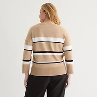 Liz Claiborne Plus Womens Crew Neck 3/4 Sleeve Striped Pullover Sweater