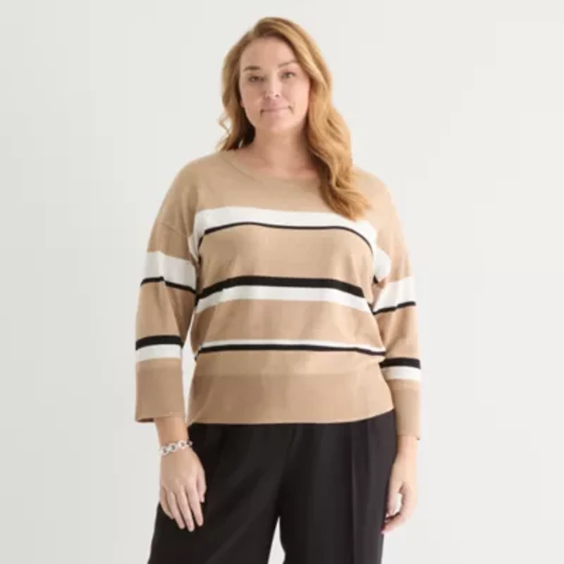 Liz Claiborne Plus Womens Crew Neck 3/4 Sleeve Striped Pullover Sweater