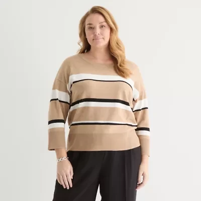 Liz Claiborne Plus Womens Crew Neck 3/4 Sleeve Striped Pullover Sweater