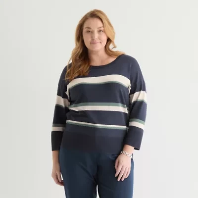 Liz Claiborne Plus Womens Crew Neck 3/4 Sleeve Striped Pullover Sweater