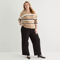 Liz Claiborne Plus Womens Crew Neck 3/4 Sleeve Striped Pullover Sweater