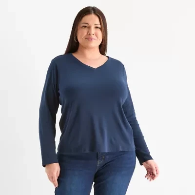 Liz Claiborne Womens Plus V Neck Long Sleeve T-Shirt