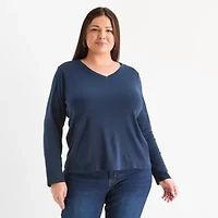 Liz Claiborne Womens Plus V Neck Long Sleeve T-Shirt