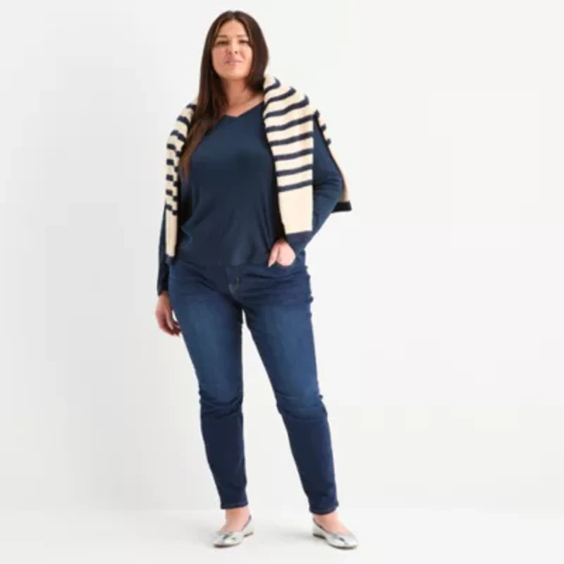 Liz Claiborne Womens Plus V Neck Long Sleeve T-Shirt