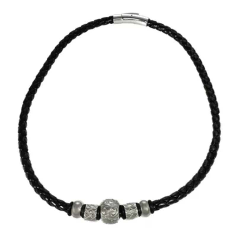 Mens Stainless Steel & Leather Choker Necklace