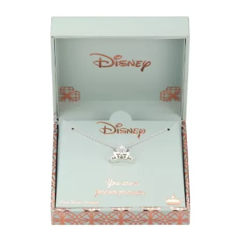 Disney Classics Womens Crystal Pure Silver Over Brass Crown 18 Inch Pendant Necklace