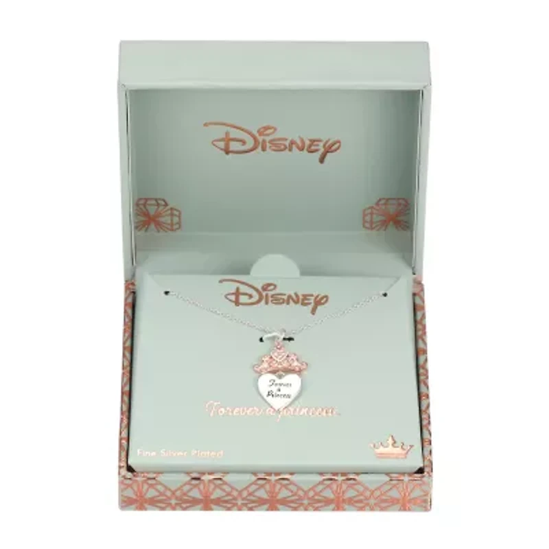 Disney Classics Womens Crystal Pure Silver Over Brass Crown Heart 18 Inch Pendant Necklace