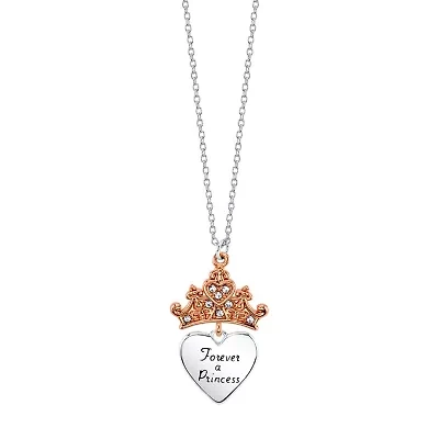 Disney Classics Womens Crystal Pure Silver Over Brass Crown Heart 18 Inch Pendant Necklace