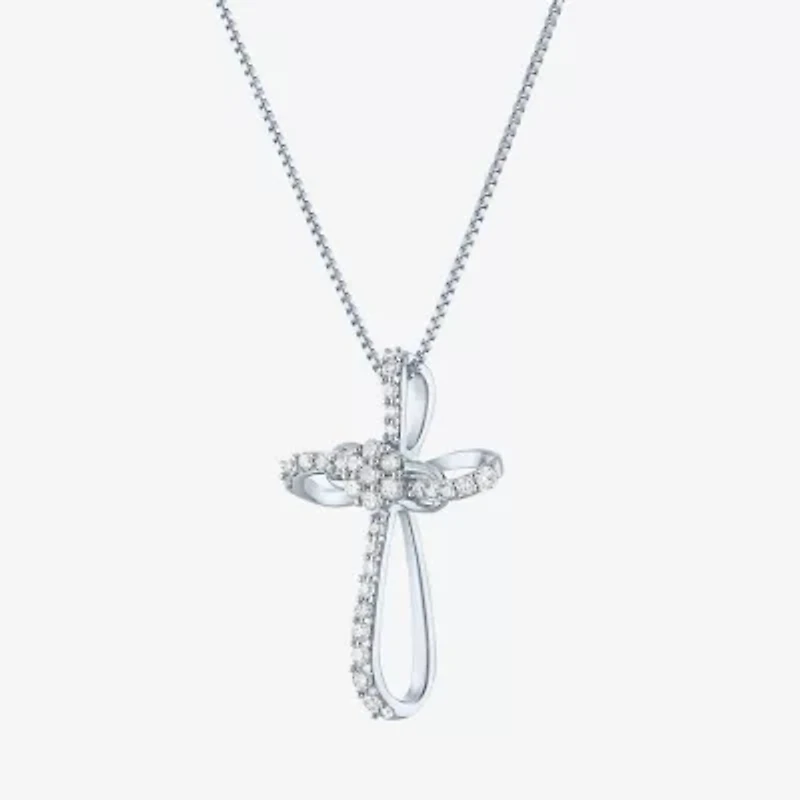 Diamond Blossom Womens 1/4 CT. T.W. Natural White Diamond Sterling Silver Cross 18 Inch Pendant Necklace