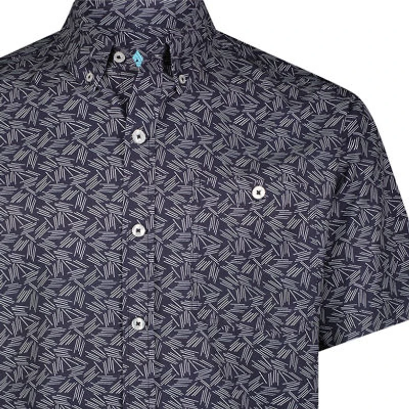 ANGLR Casual Woven Aloha Blueprint Mens Short Sleeve Classic Fit Stretch Fabric Button-Down Shirt