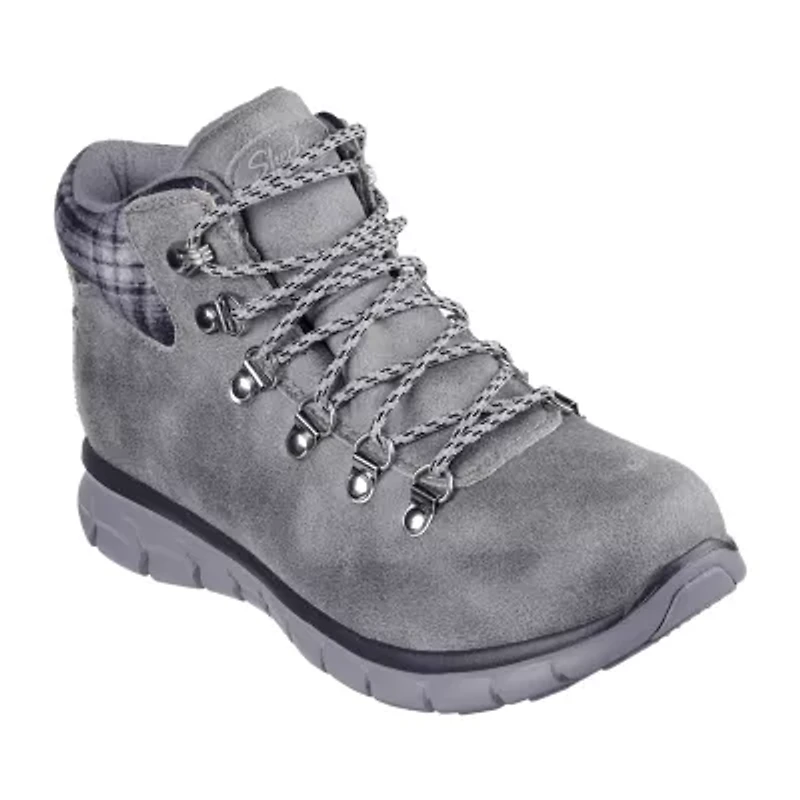 Skechers Womens Synergy Plaid Mood Flat Heel Lace Up Boots